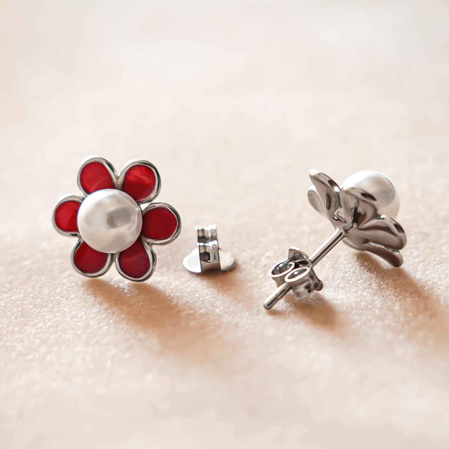 Red Enamel Flower Pearl Stud Earrings