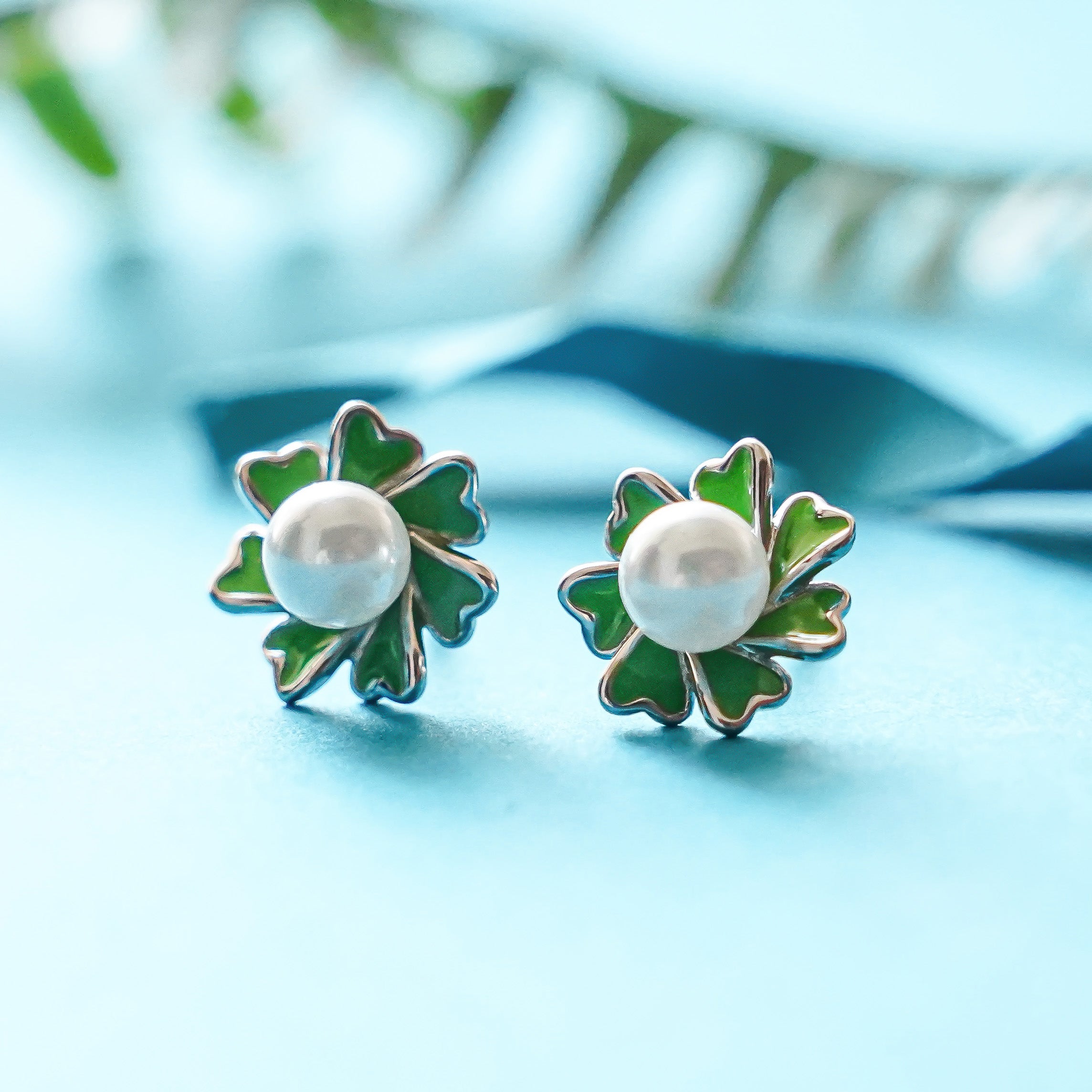 Green Enamel Flower Pearl Stud Earrings