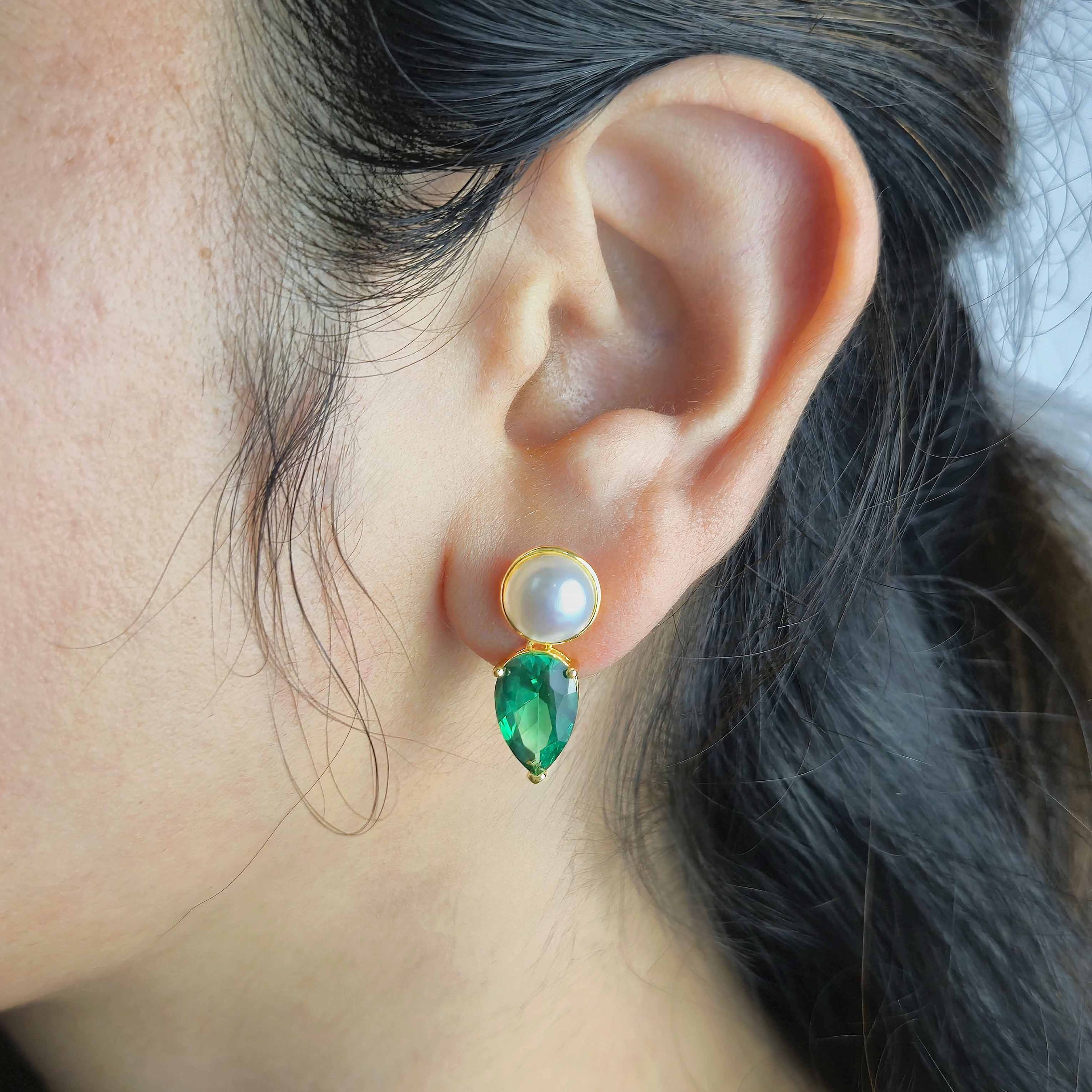 Golden Pearl Teardrop Earring - Green
