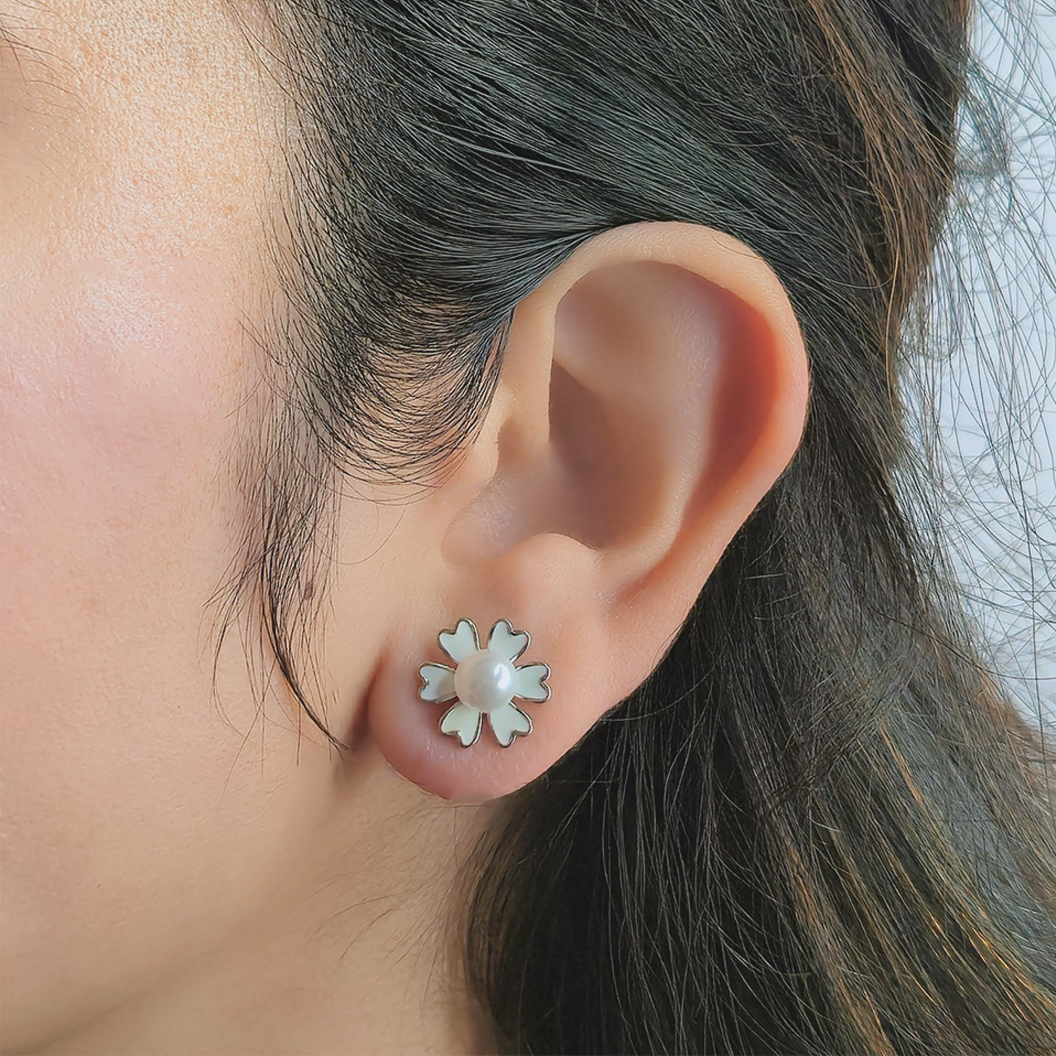 White Enamel Flower Pearl Stud Earrings