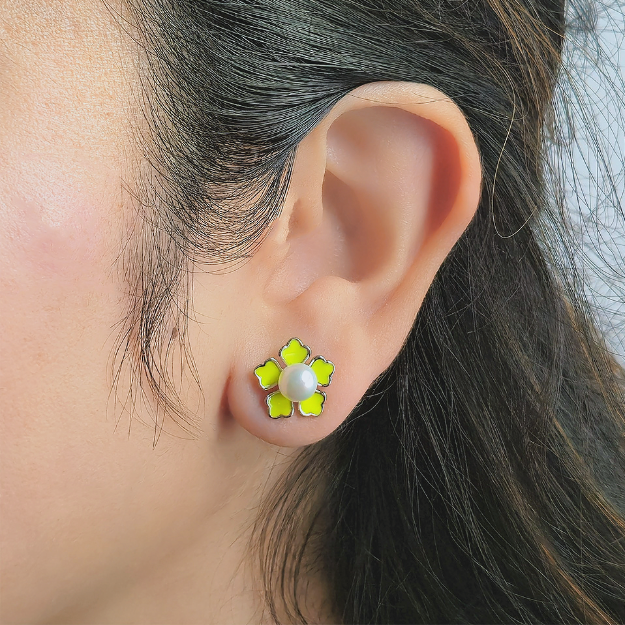 Yellow Enamel Flower Pearl Stud Earrings