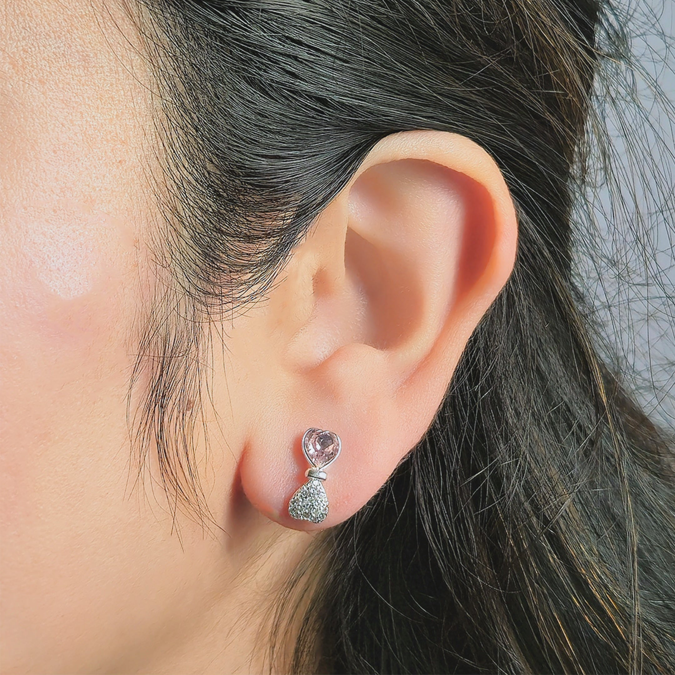 Crystal Heart Stud Earrings- Baby pink