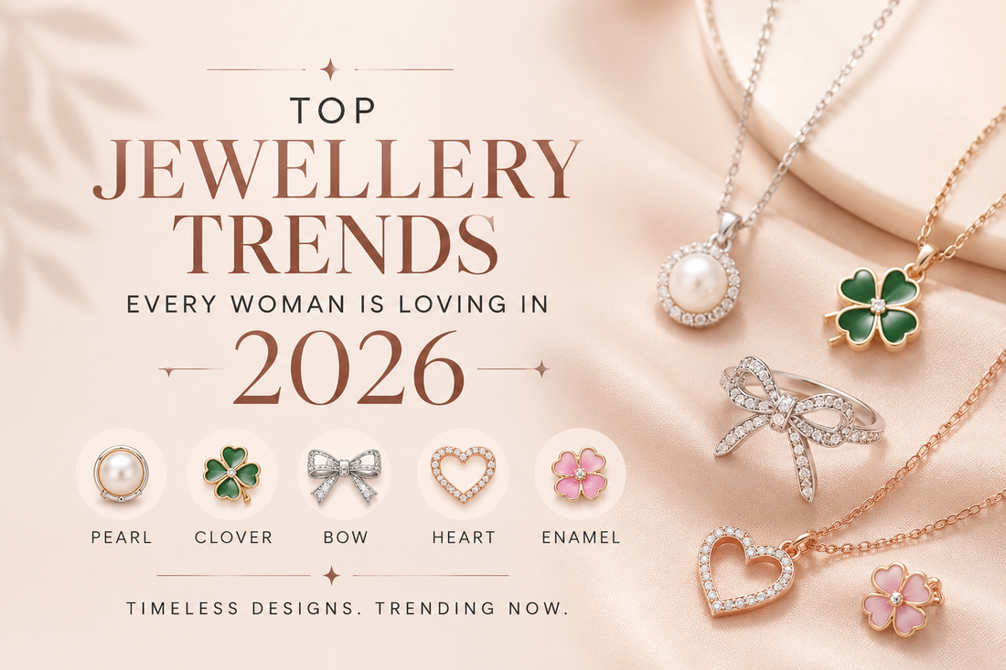 Top jewellery trends for women in 2026 featuring pearl, clover, bow, heart and enamel sterling silver jewellery