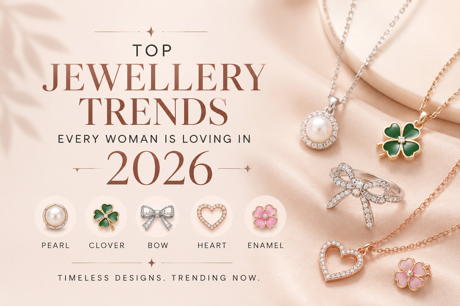 Top jewellery trends for women in 2026 featuring pearl, clover, bow, heart and enamel sterling silver jewellery