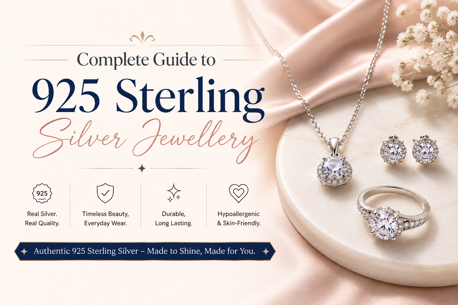 Complete guide to 925 sterling silver jewellery showcasing premium, hypoallergenic, durable silver designs for everyday wear