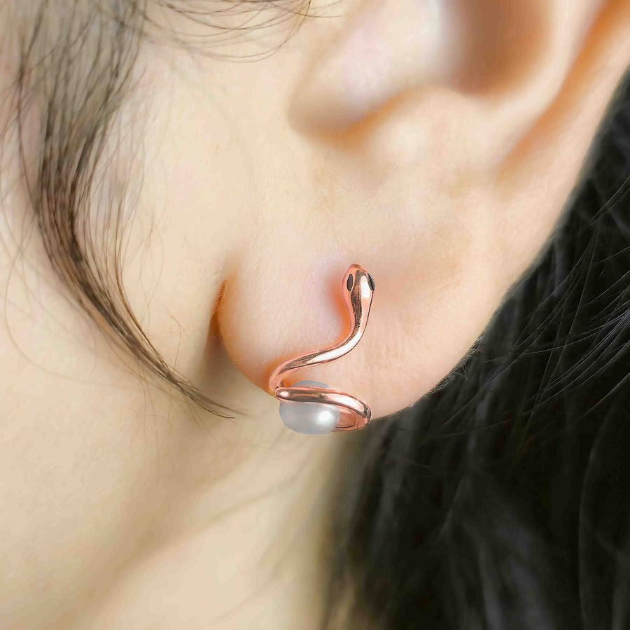 Snake Pearl Stud Earrings - Rose Gold Plated