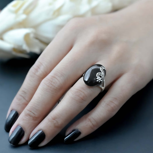 Midnight Bloom Black Stone Ring