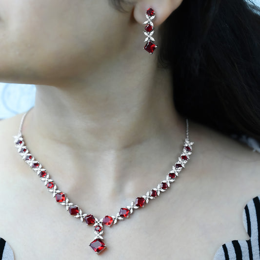 Ruby Petals Necklace With Earrings