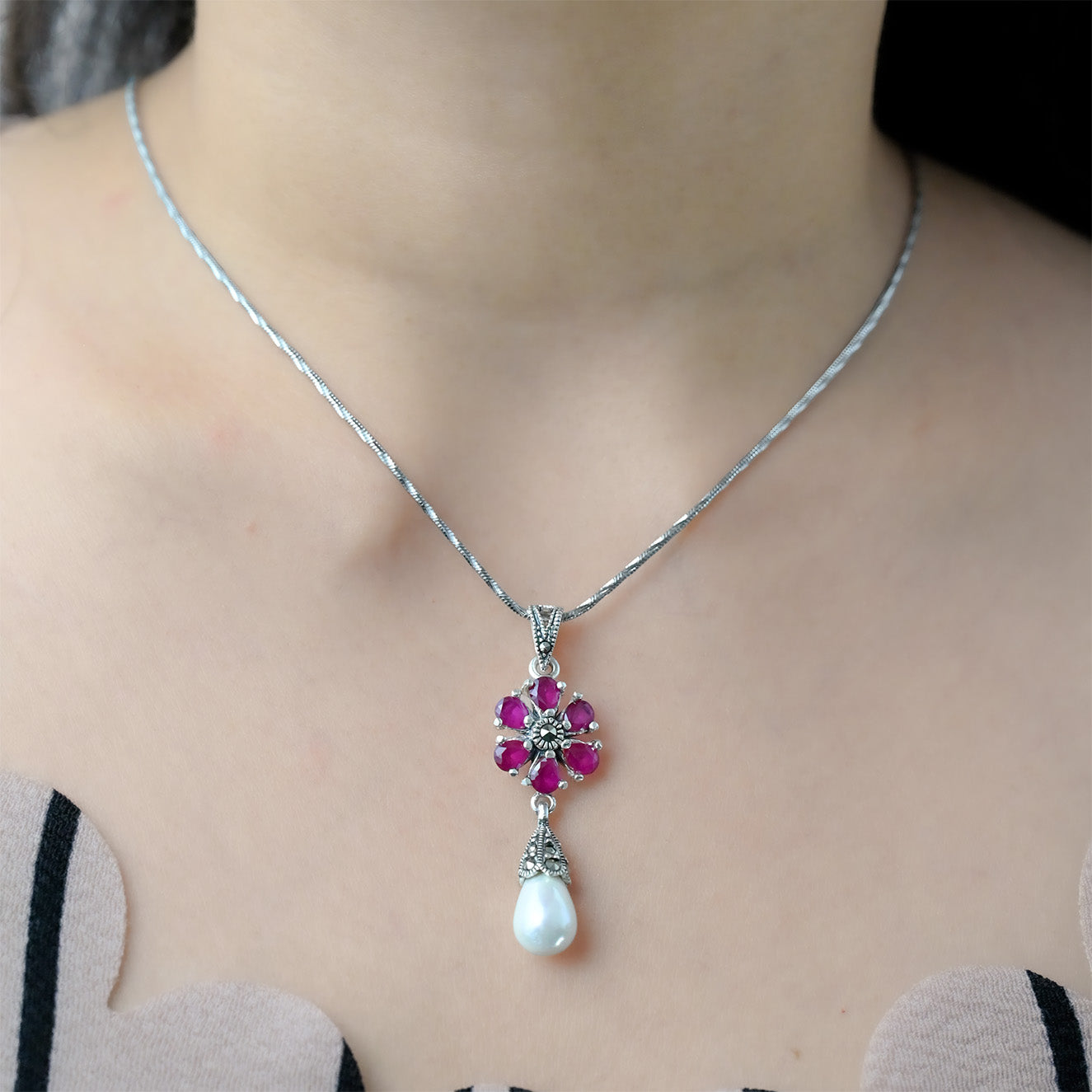 Vintage Floral Ruby & Pearl Pendant Set