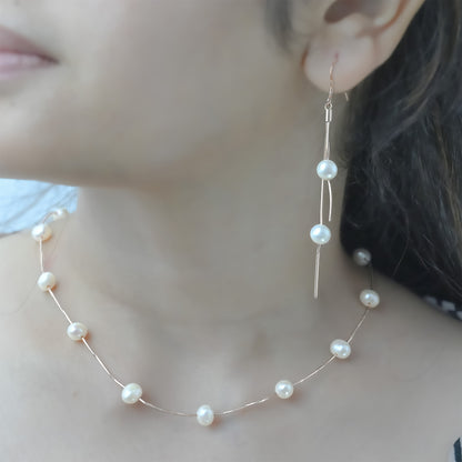 Pearl Necklace With Earrings - Rose Gold Plated