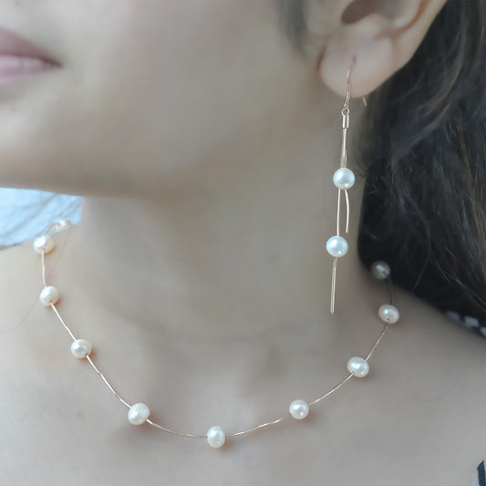 Pearl Necklace With Earrings - Rose Gold Plated