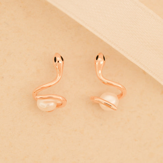 Snake Pearl Stud Earrings - Rose Gold Plated