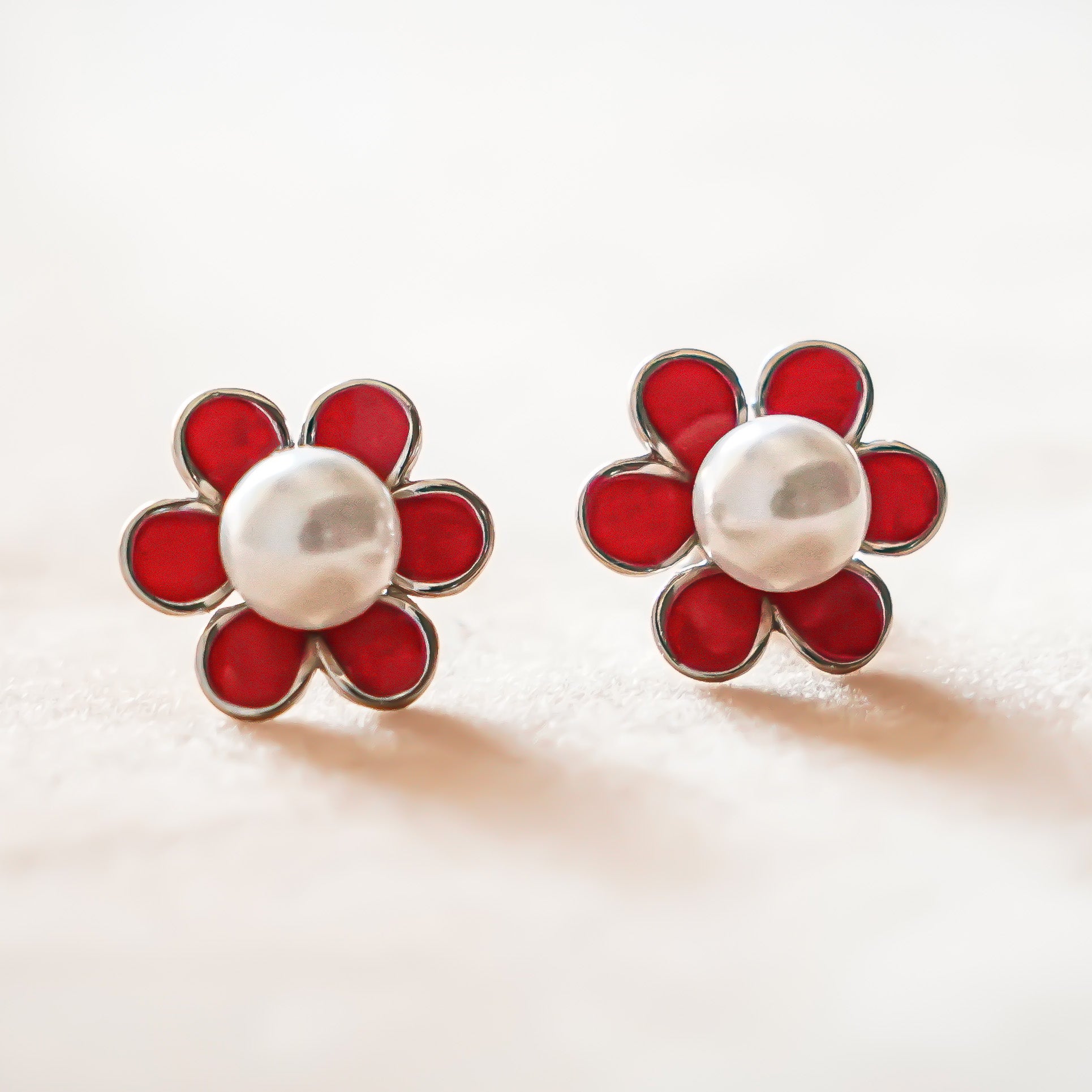 Red Enamel Flower Pearl Stud Earrings