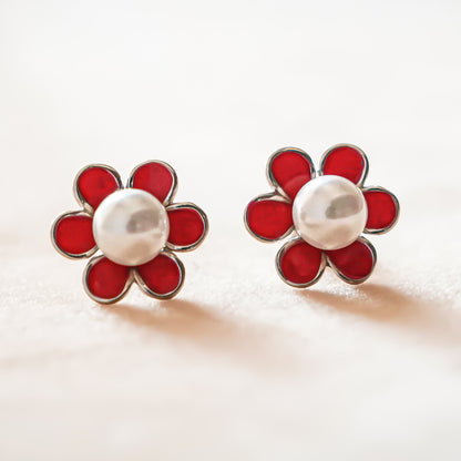 Red Enamel Flower Pearl Stud Earrings