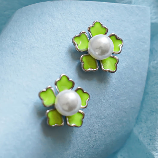 Yellow Enamel Flower Pearl Stud Earrings