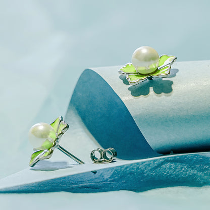 Yellow Enamel Flower Pearl Stud Earrings