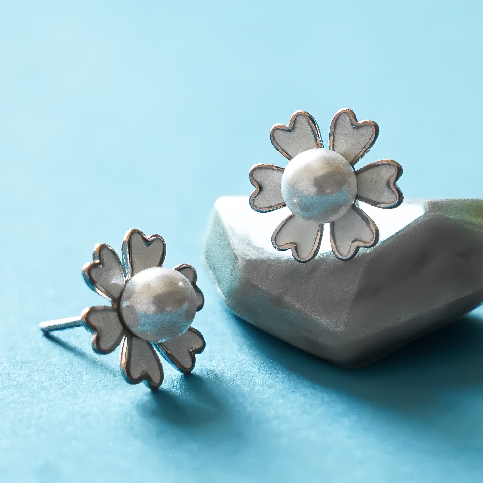 White Enamel Flower Pearl Stud Earrings