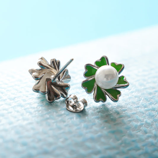 Green Enamel Flower Pearl Stud Earrings