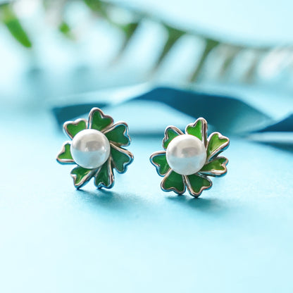 Green Enamel Flower Pearl Stud Earrings