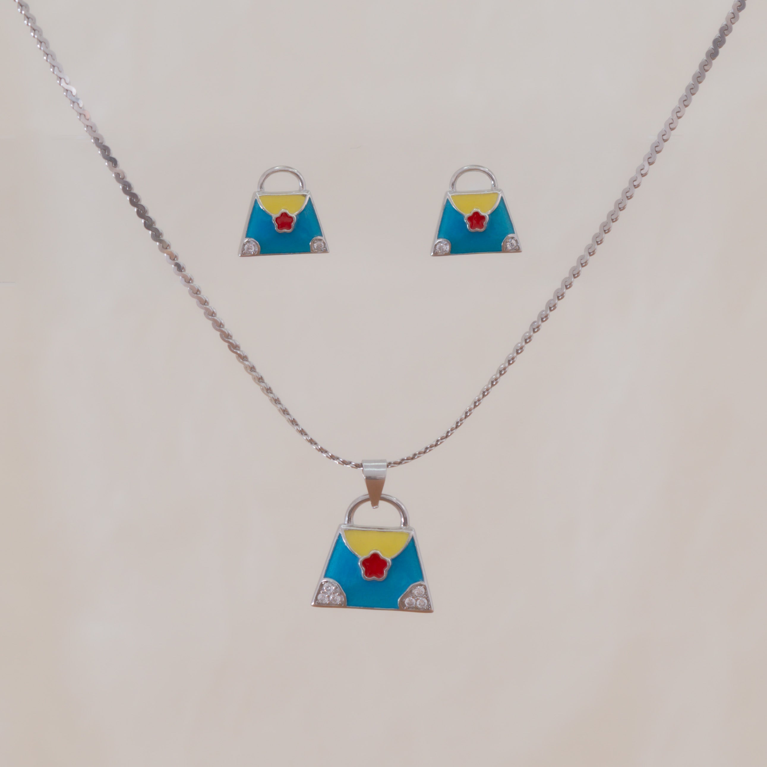 Hand-Bag Enamel Pendant With Earrings