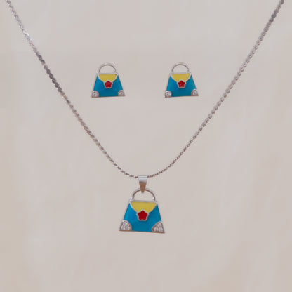 Hand-Bag Enamel Pendant With Earrings