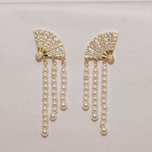 Pearl Fan Tassel Earrings