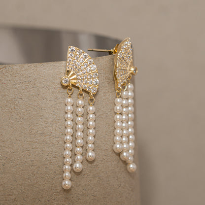 Pearl Fan Tassel Earrings