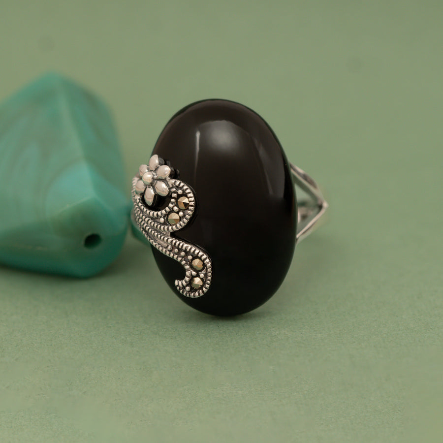 925 Silver Midnight Bloom Black Stone Ring