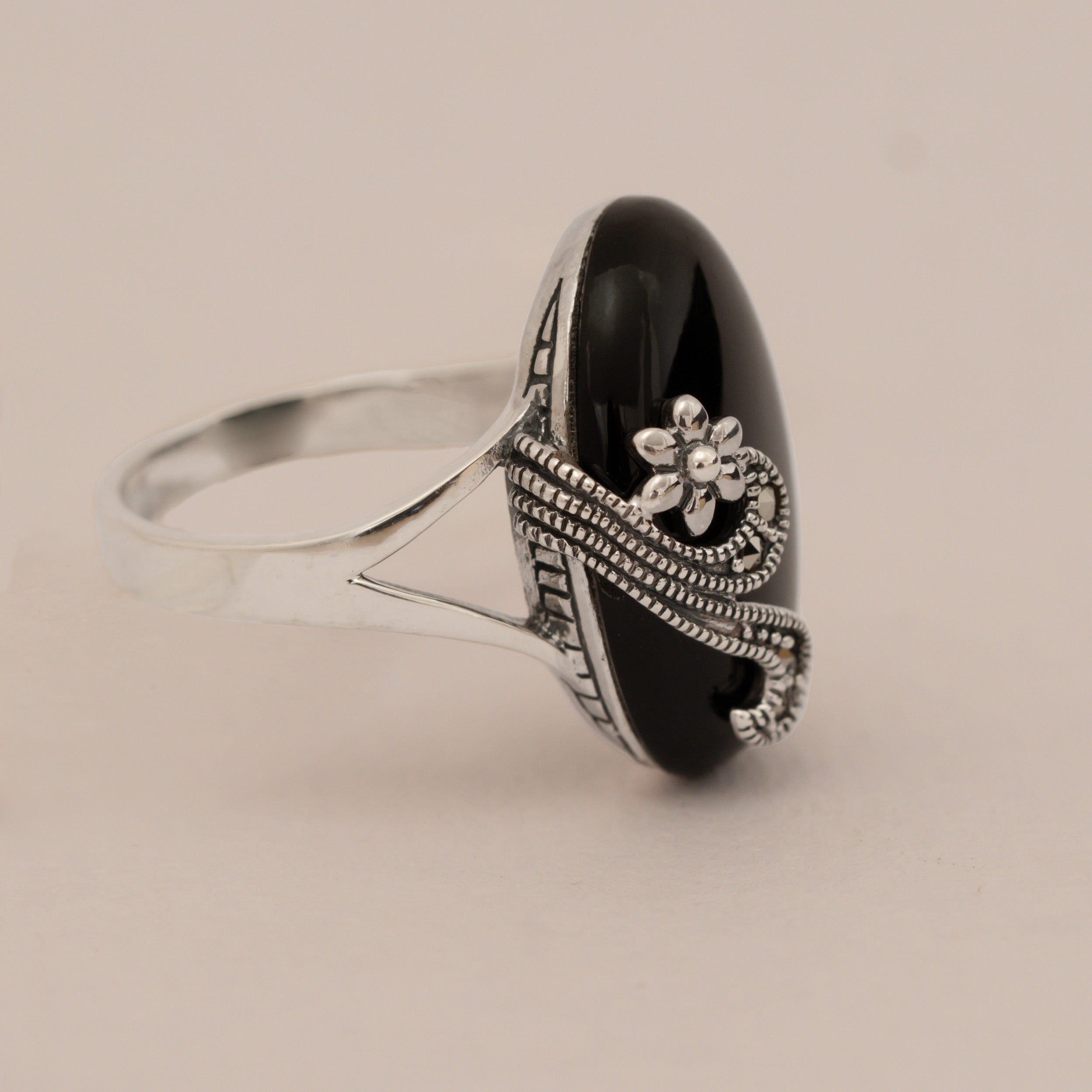 Midnight Bloom Black Stone Ring