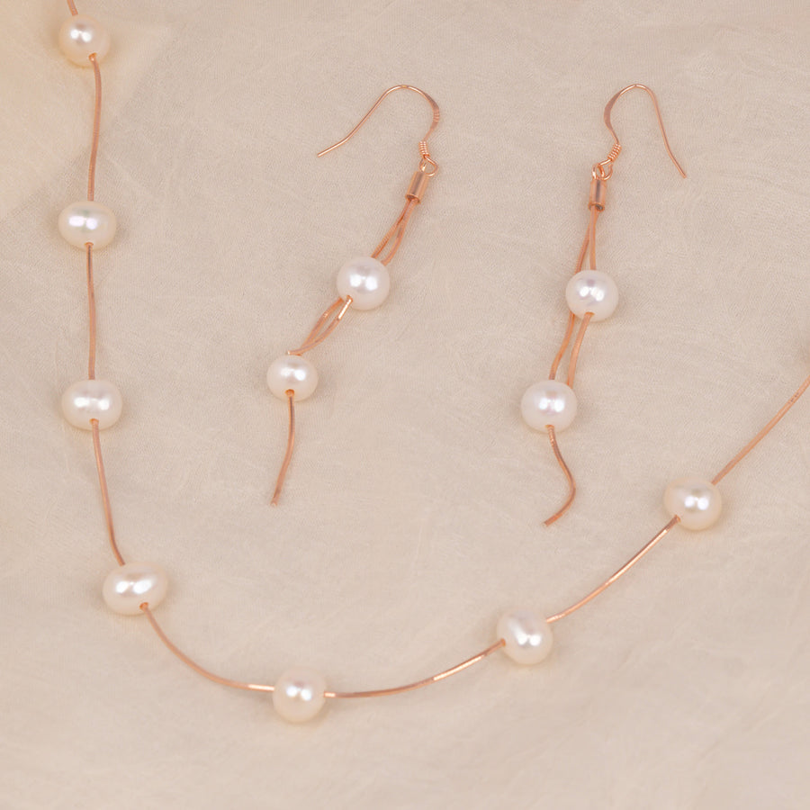 Pearl Necklace With Earrings - Rose Gold Plated