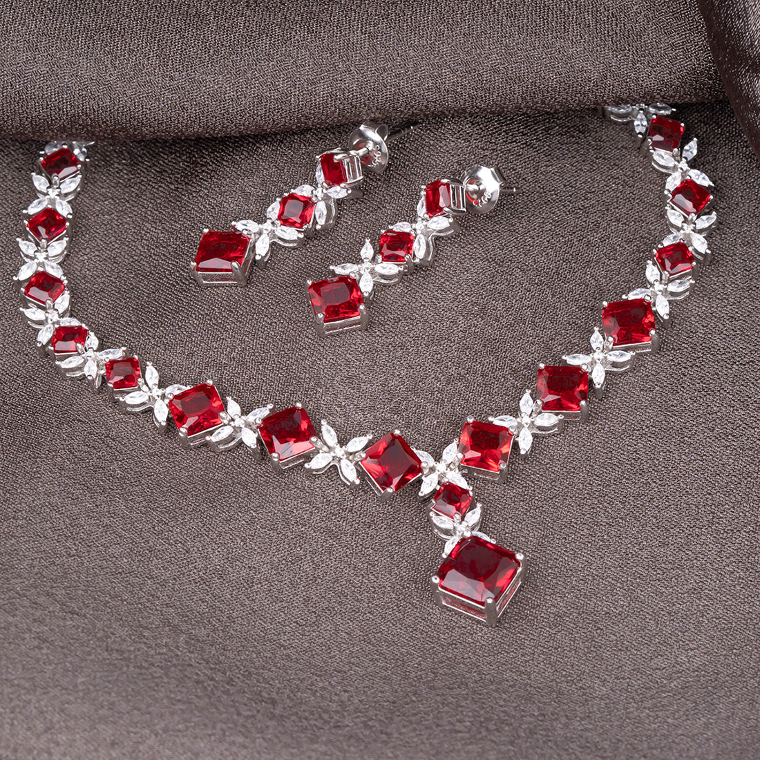 Ruby Petals Necklace With Earrings