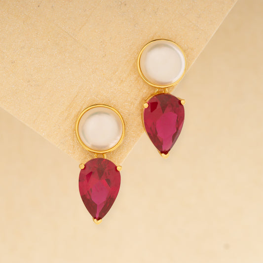 Golden Pearl Teardrop Earring - Ruby