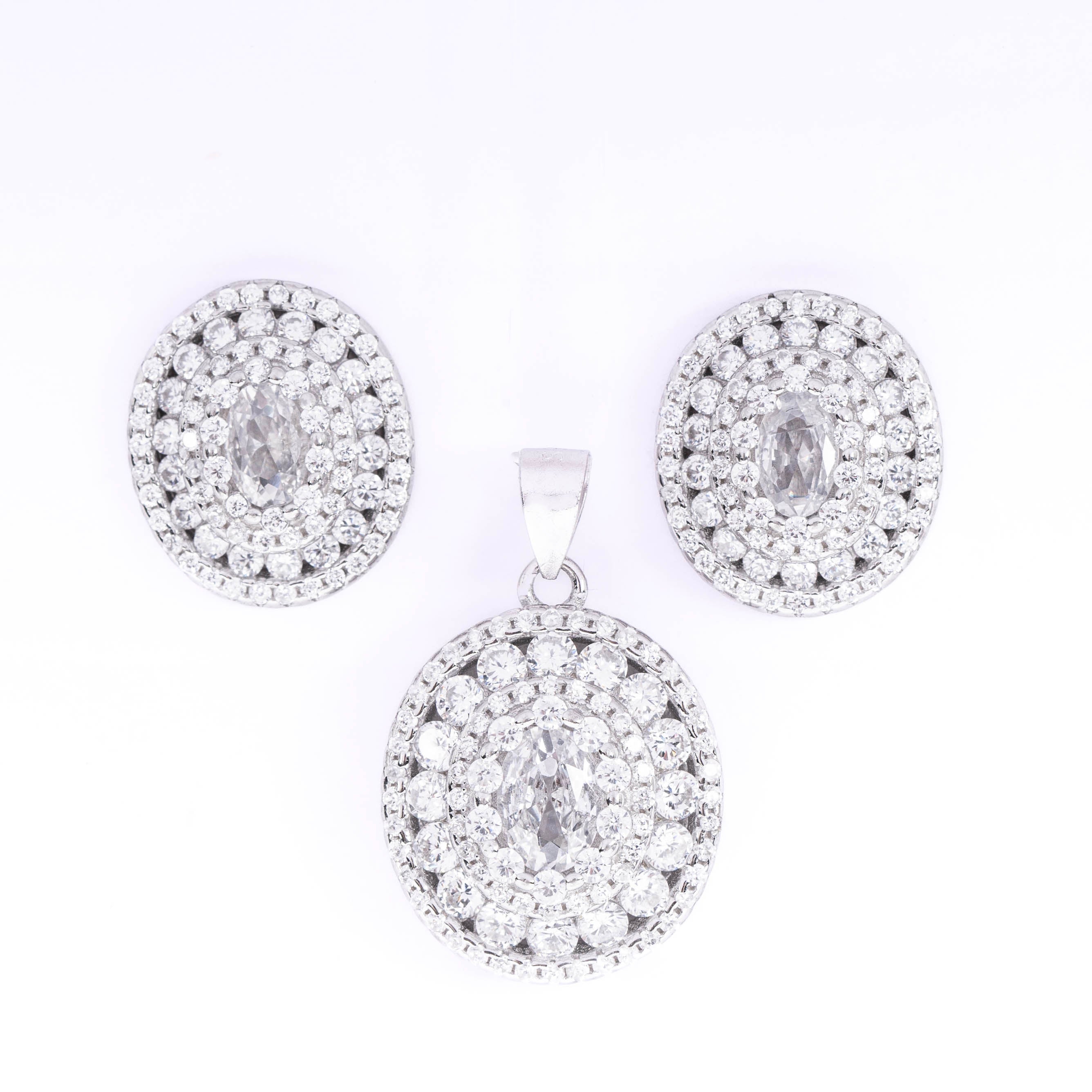 Halo Oval Diamond Pendant With Earrings