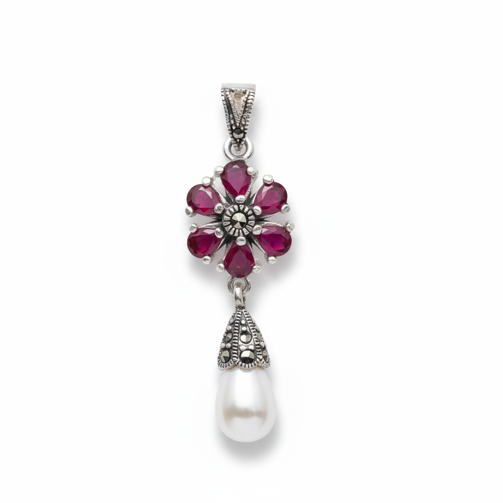 Vintage Floral Ruby & Pearl Pendant