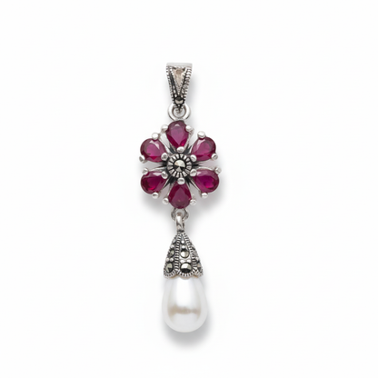 Vintage Floral Ruby & Pearl Pendant