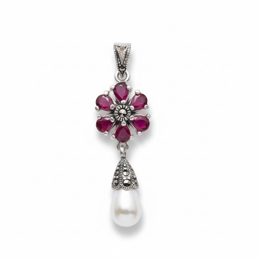 Vintage Floral Ruby & Pearl Pendant