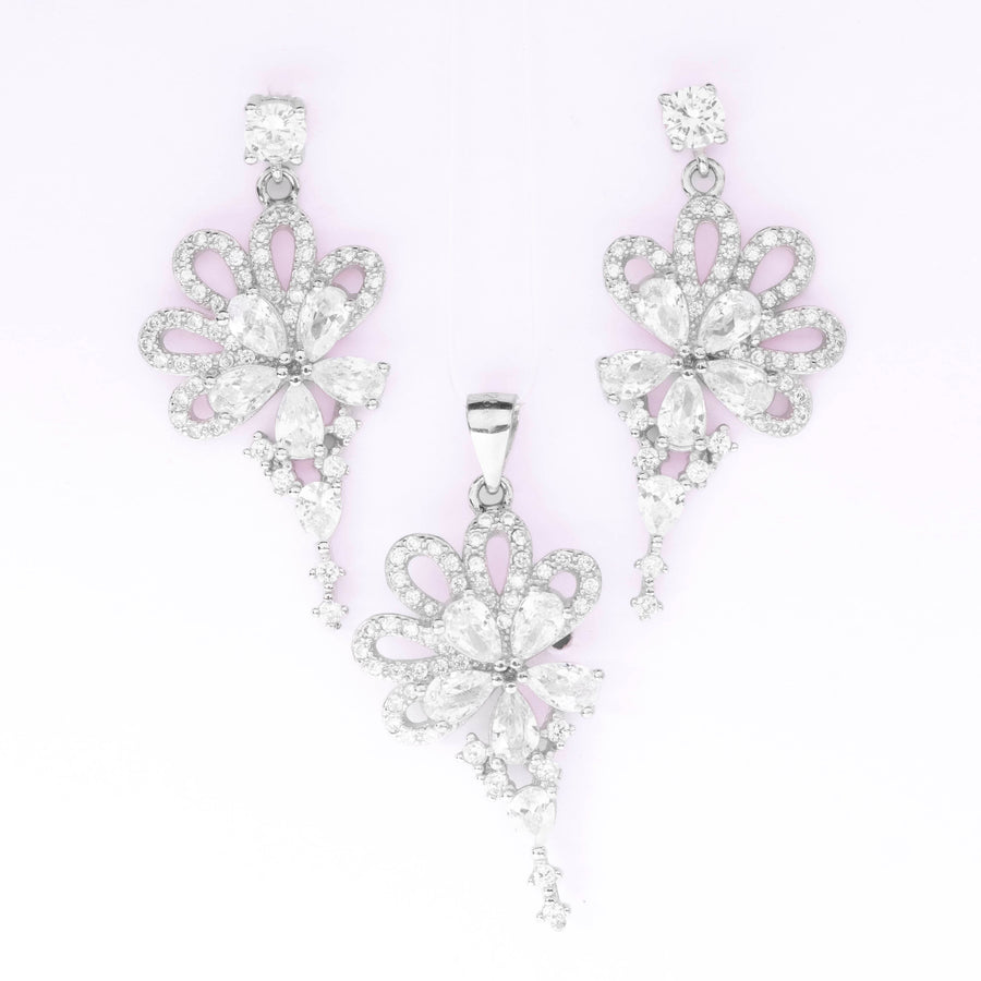 925 Silver Bow-Shaped Diamond Pendant With Earrings