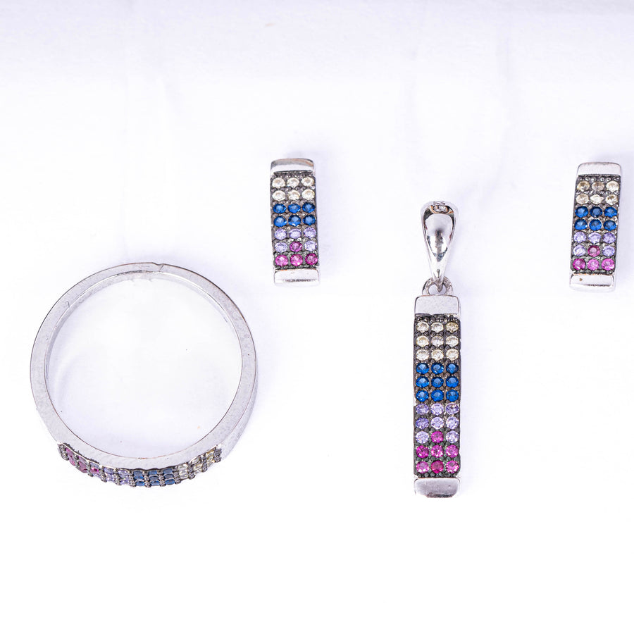 925 Silver Rainbow Bar Pendant With Earrings & Ring