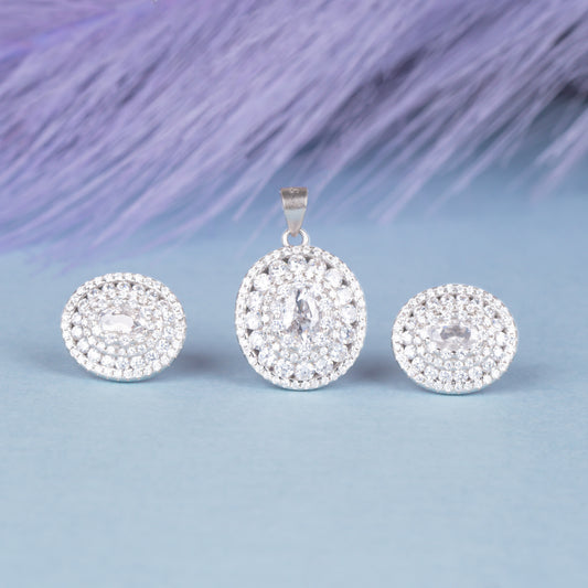 Halo Oval Diamond Pendant With Earrings