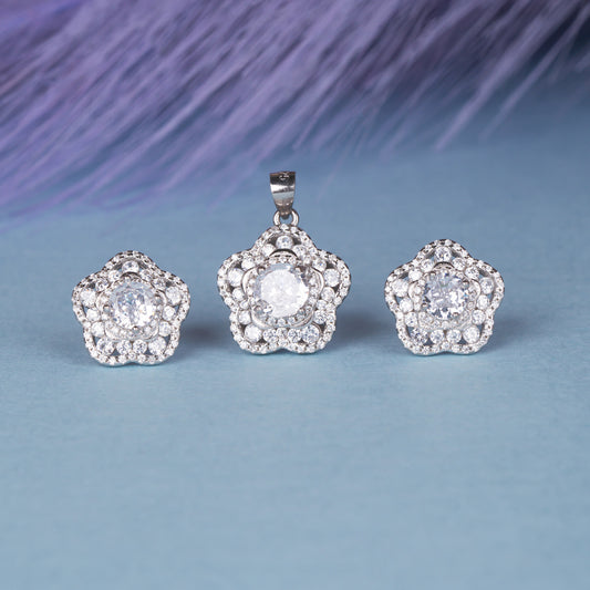Floral Diamond Cluster Pendant With Earrings