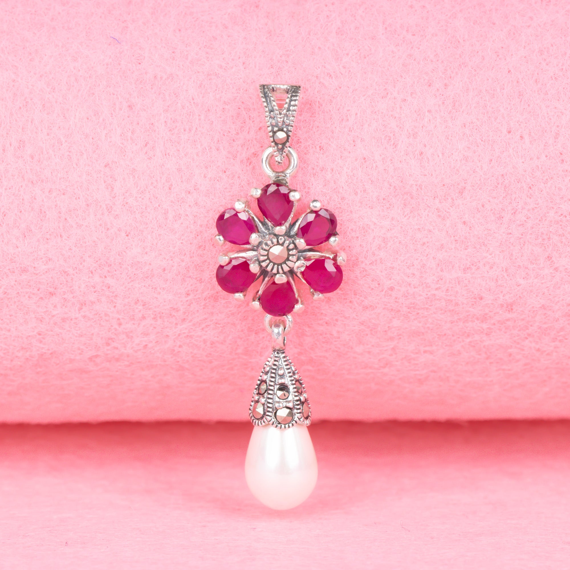 Vintage Floral Ruby & Pearl Pendant