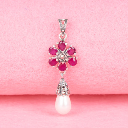 Vintage Floral Ruby & Pearl Pendant
