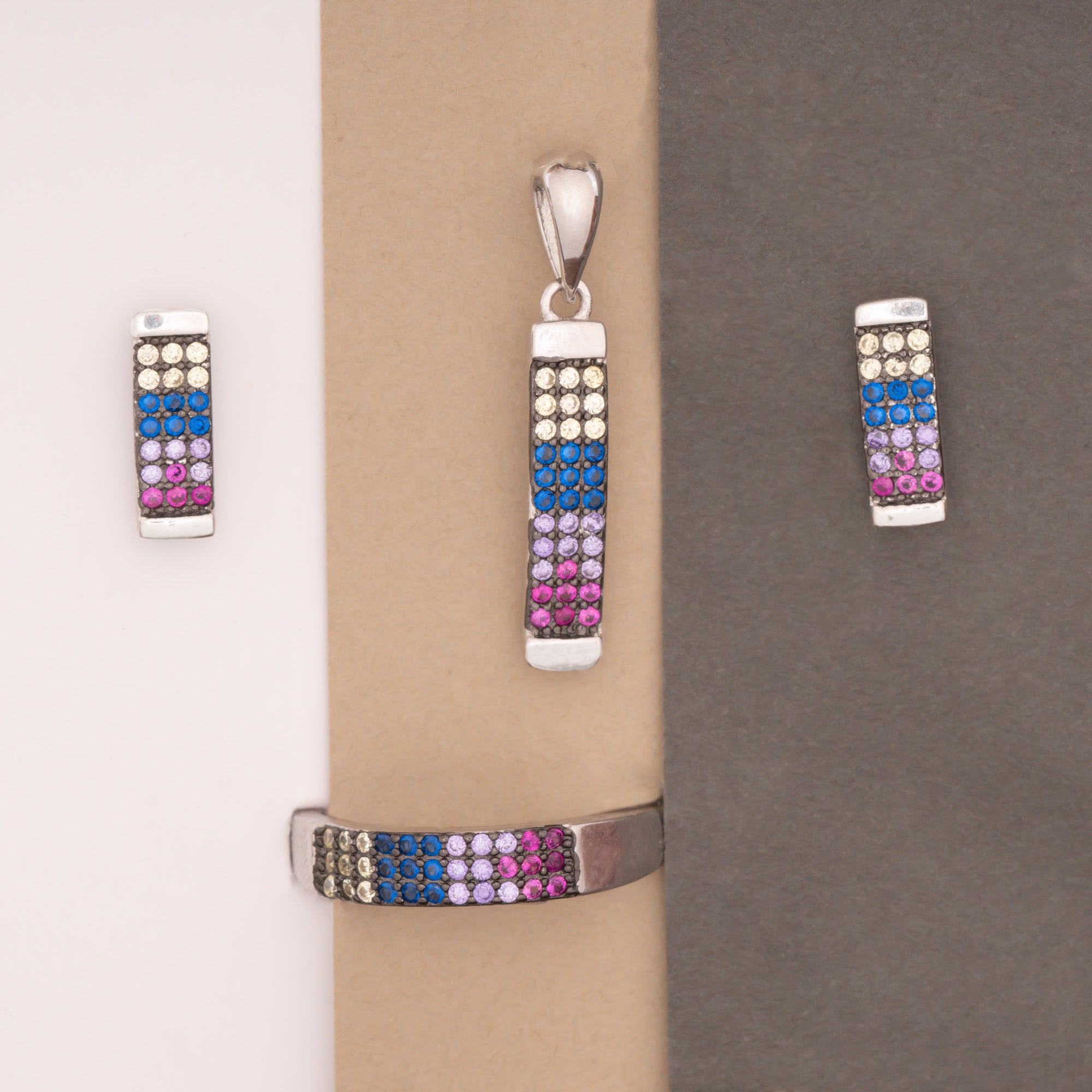 Rainbow Bar Pendant With Earrings & Ring