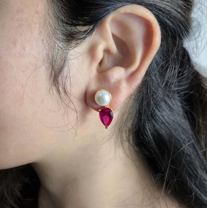 Golden Pearl Teardrop Earring - Ruby