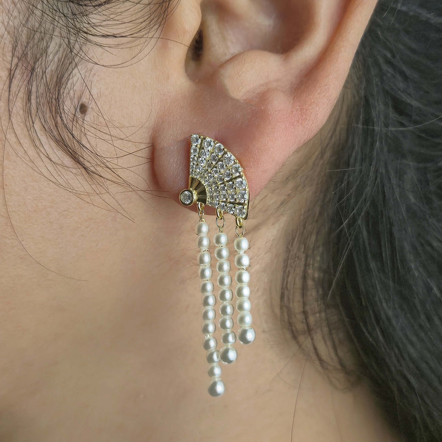 Pearl Fan Tassel Earrings