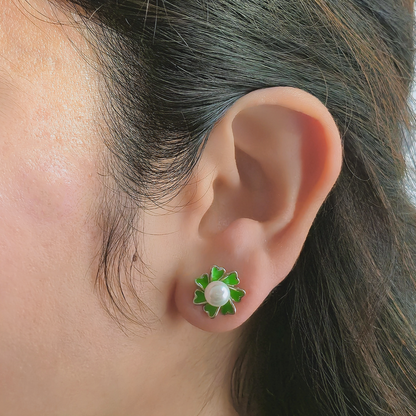 Green Enamel Flower Pearl Stud Earrings