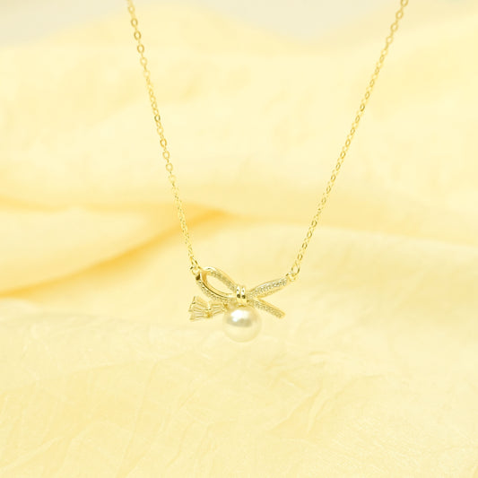 Grace Pearl Bow Necklace - Gold Plated