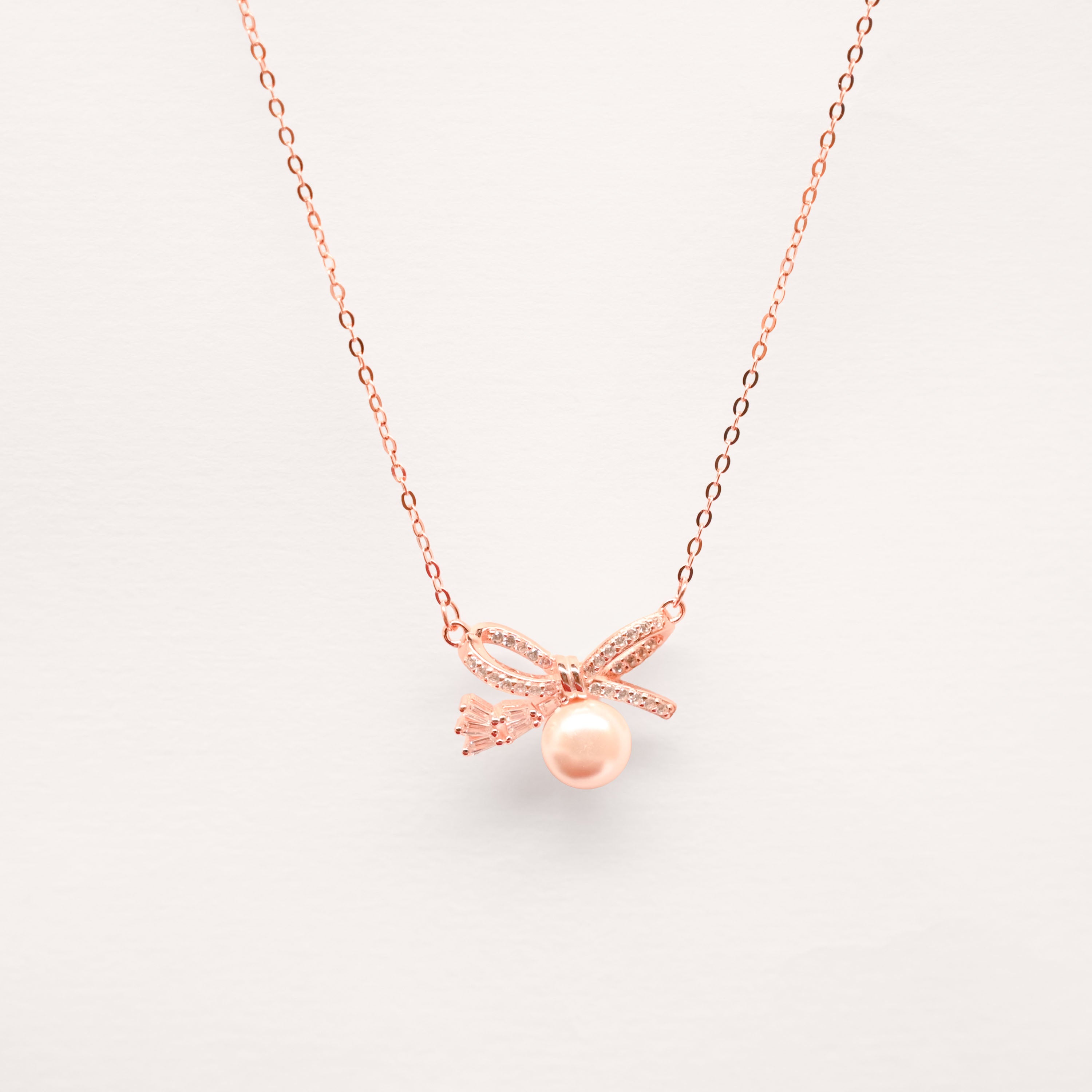 Grace Pearl Bow Necklace- Rose Gold Plated