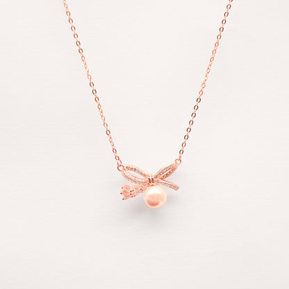 Grace Pearl Bow Necklace- Rose Gold Plated