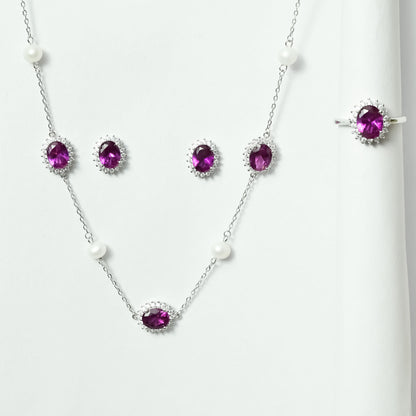 Royal Pearl Necklace With Earrings & Ring - Pink